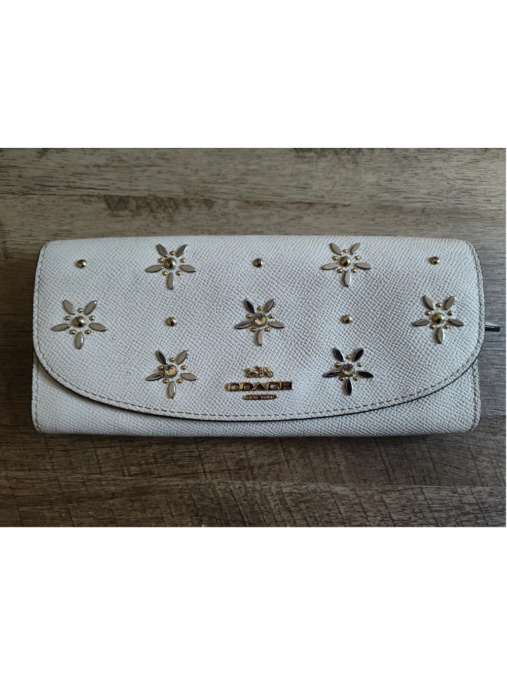 Women's Coach White Leather Wallet with Gold Studs and Floral Accents